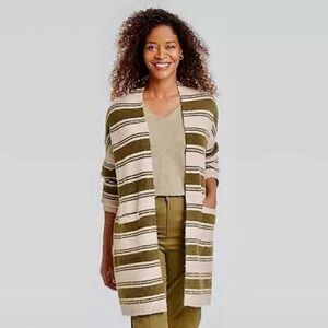KNOX ROSE NWT LONG STRIPE OPEN FRONT CHUNKY CARDIGAN OLIVE/OATMEAL WOMEN’S M